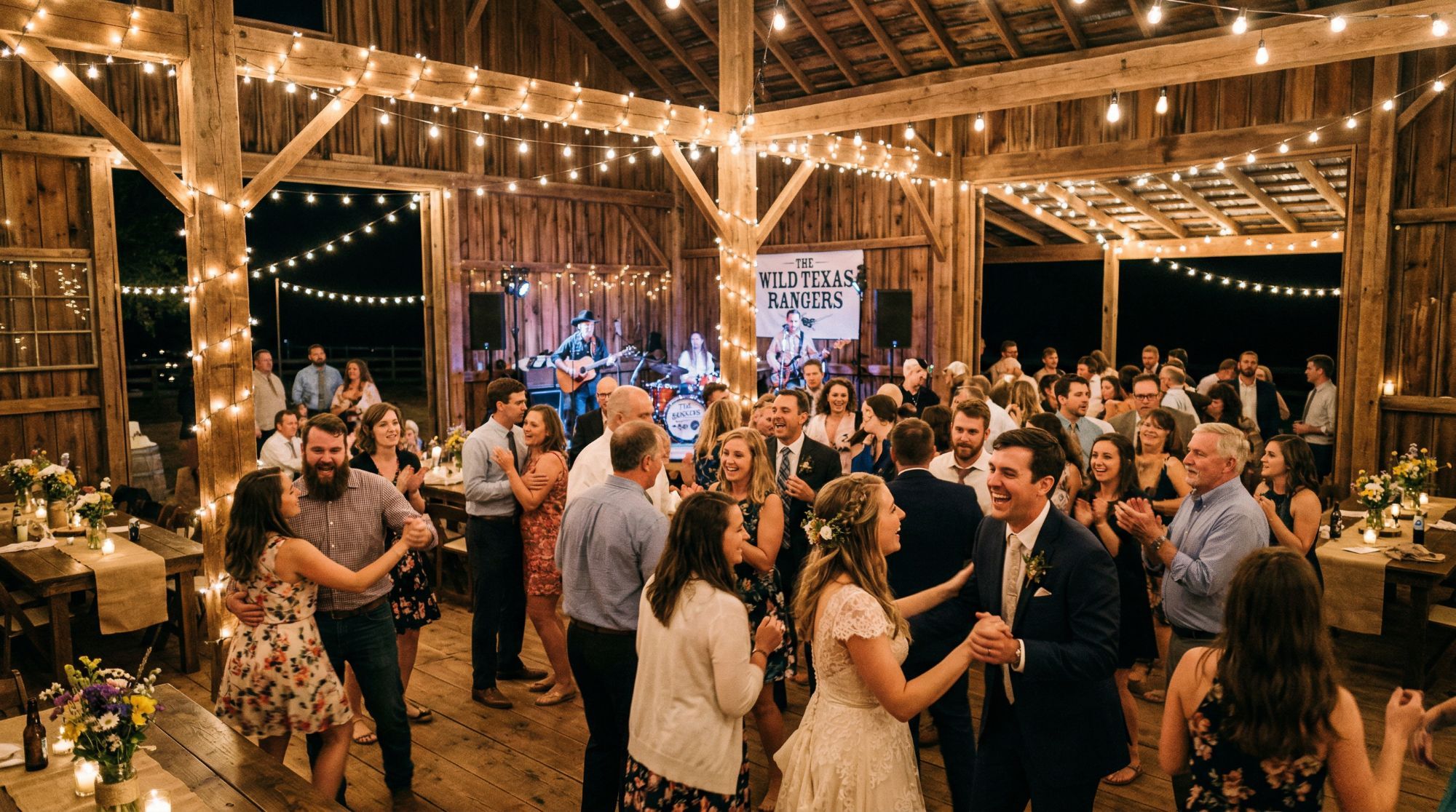 Guests dancing at a barn wedding reception with a live band