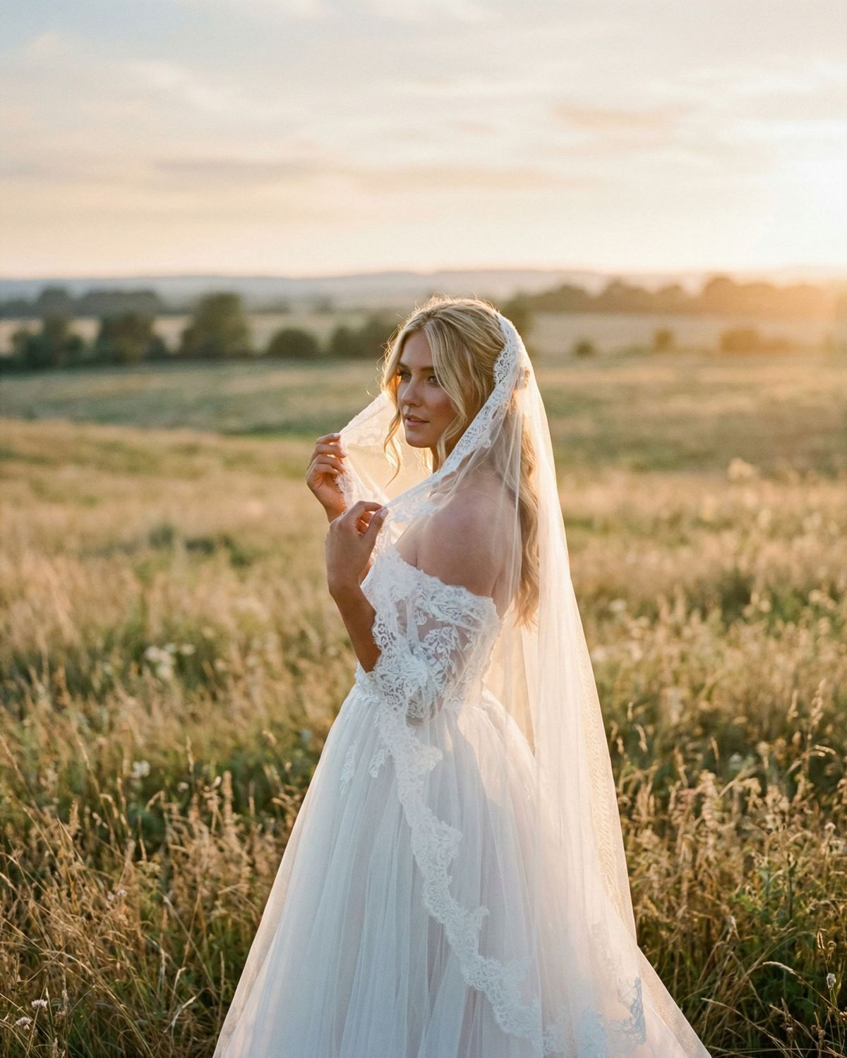 Bride with a lace veil at golden hour