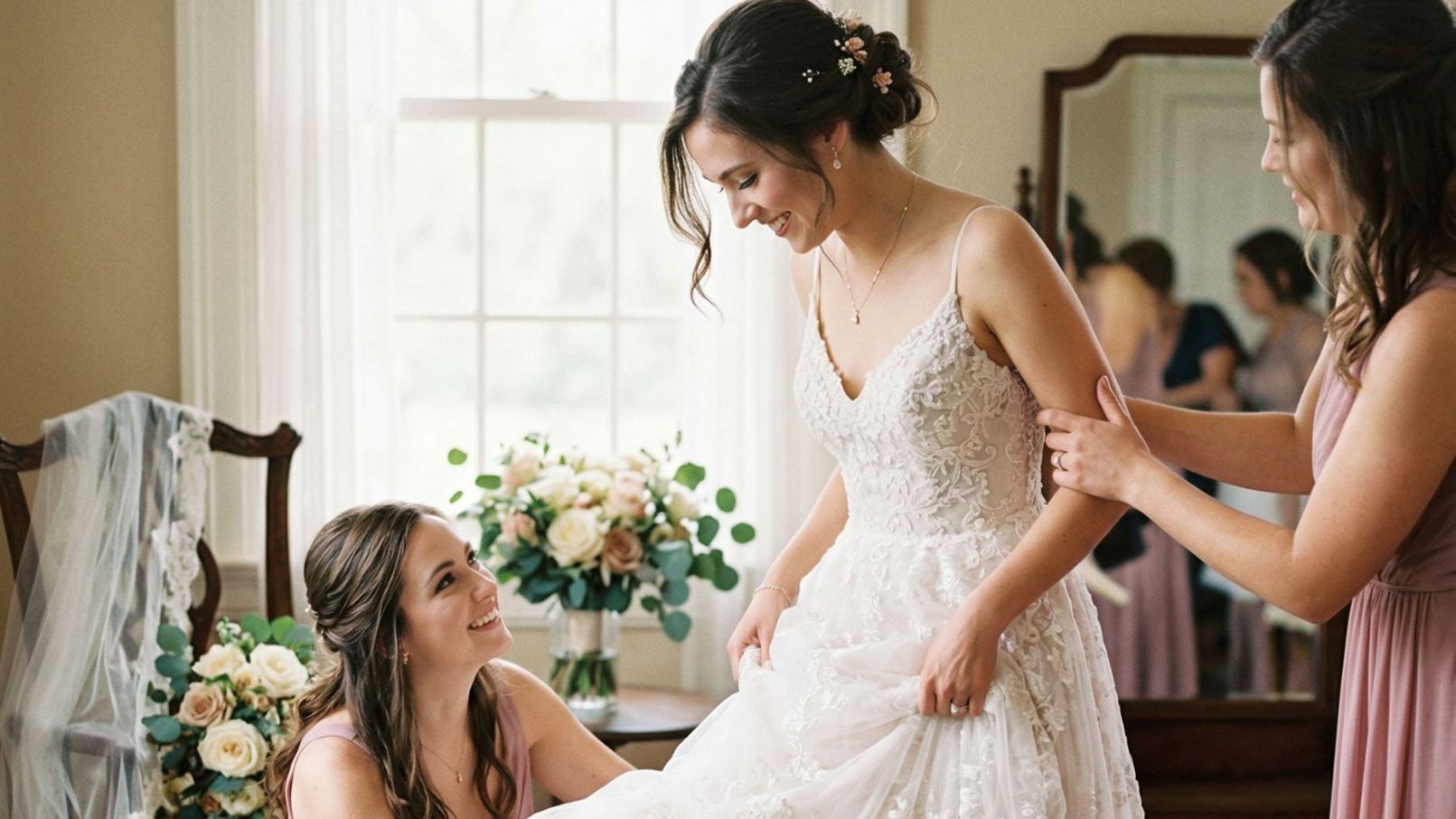 Bridesmaids helping a bride get ready