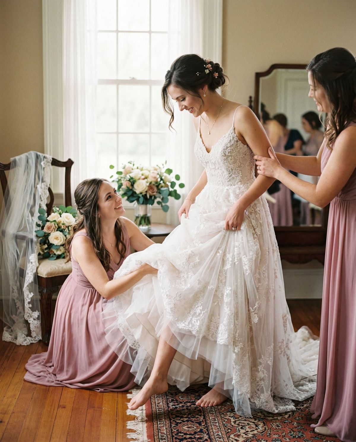 Bridesmaids helping a bride into her gown
