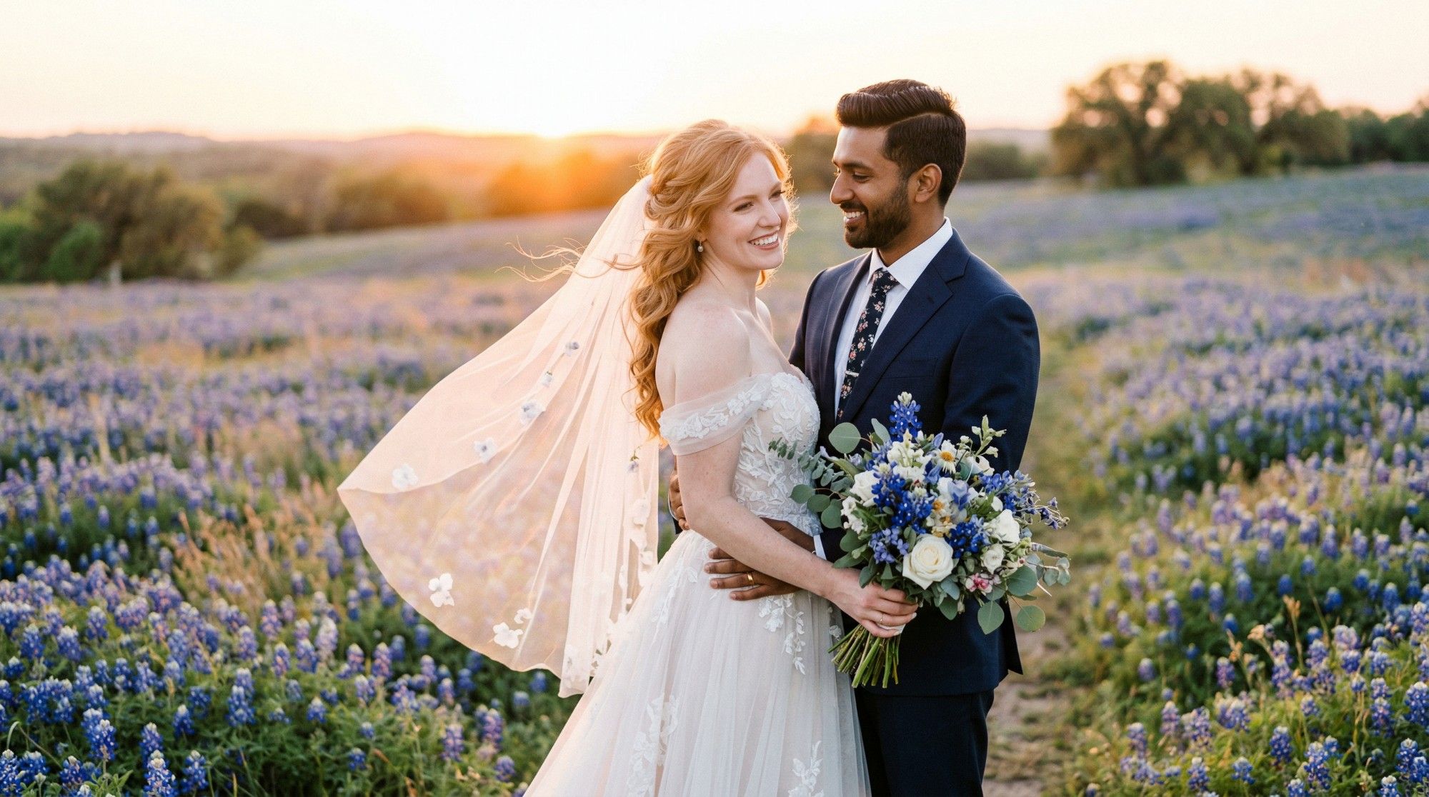 Couple among Texas bluebonnets at sunset