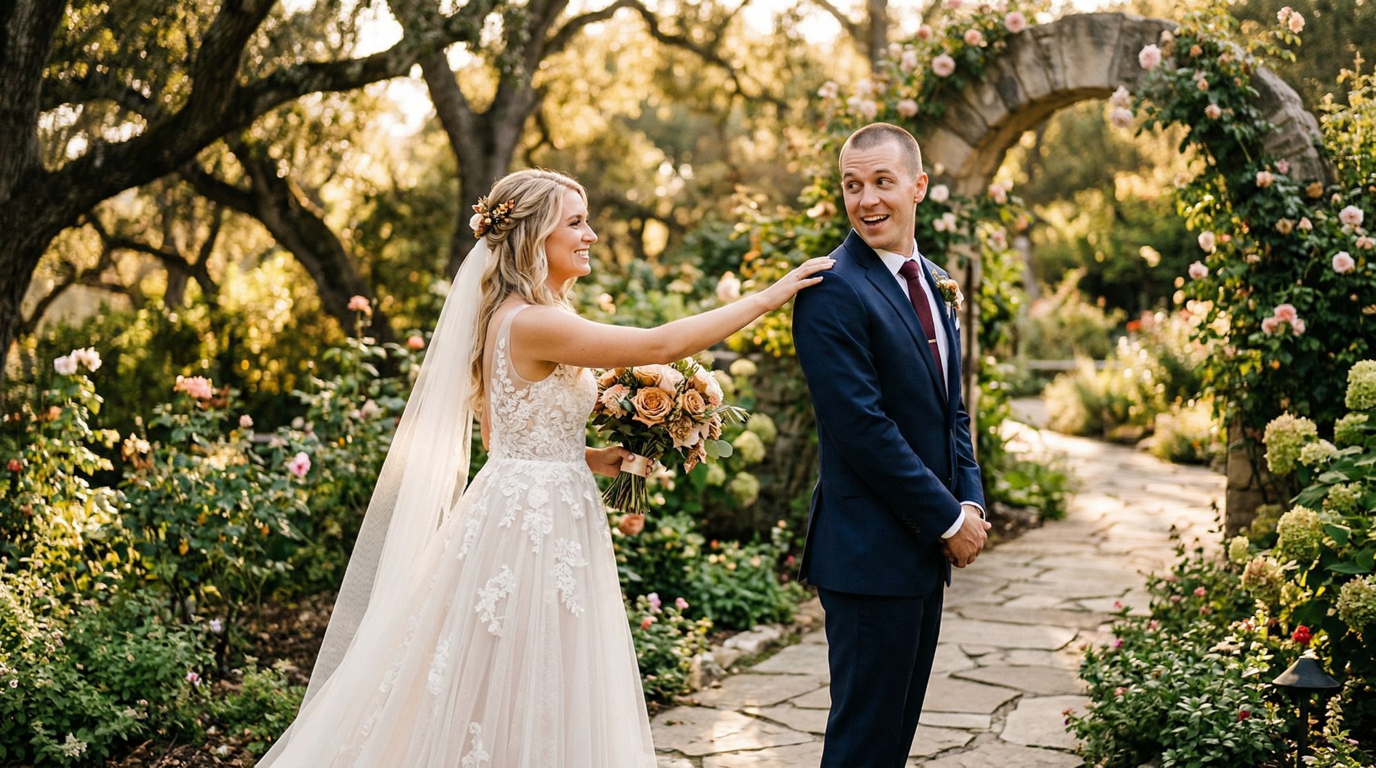 Bride and groom at a garden first look