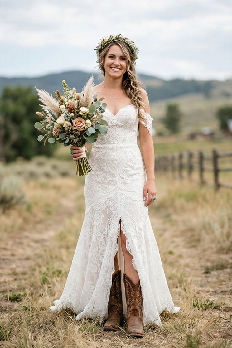 Bride in cowboy boots on a ranch