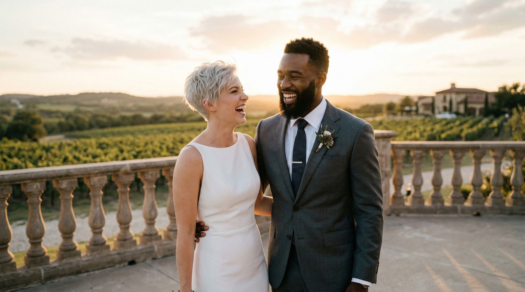 Couple laughing on a vineyard terrace at sunset